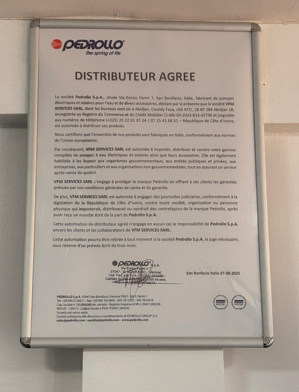 Certificat Distributeur Agréé Officiel Pedrollo Italia — VFM Services SARL
